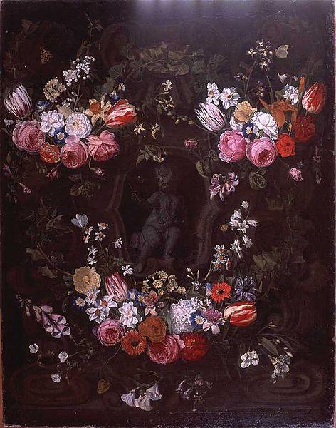 Jan Philip van Thielen Garland of flowers surrounding cherub in grisaille oil painting image
